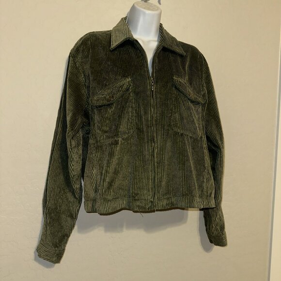 VTG‎ Y2K Green corduroy zip up jacket 90’s 2000’s Grunge Cropped Kurt Cobain L - Picture 3 of 11